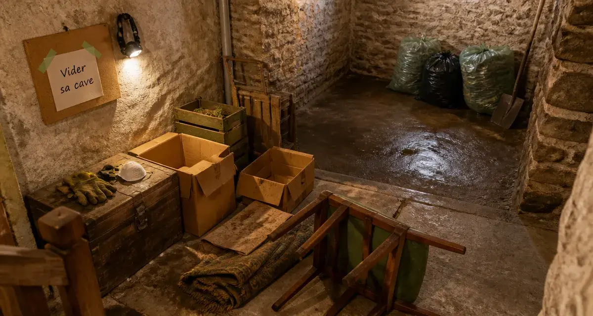 Vider cave : intérieur de cave à désencombrer, cartons et déchets triés