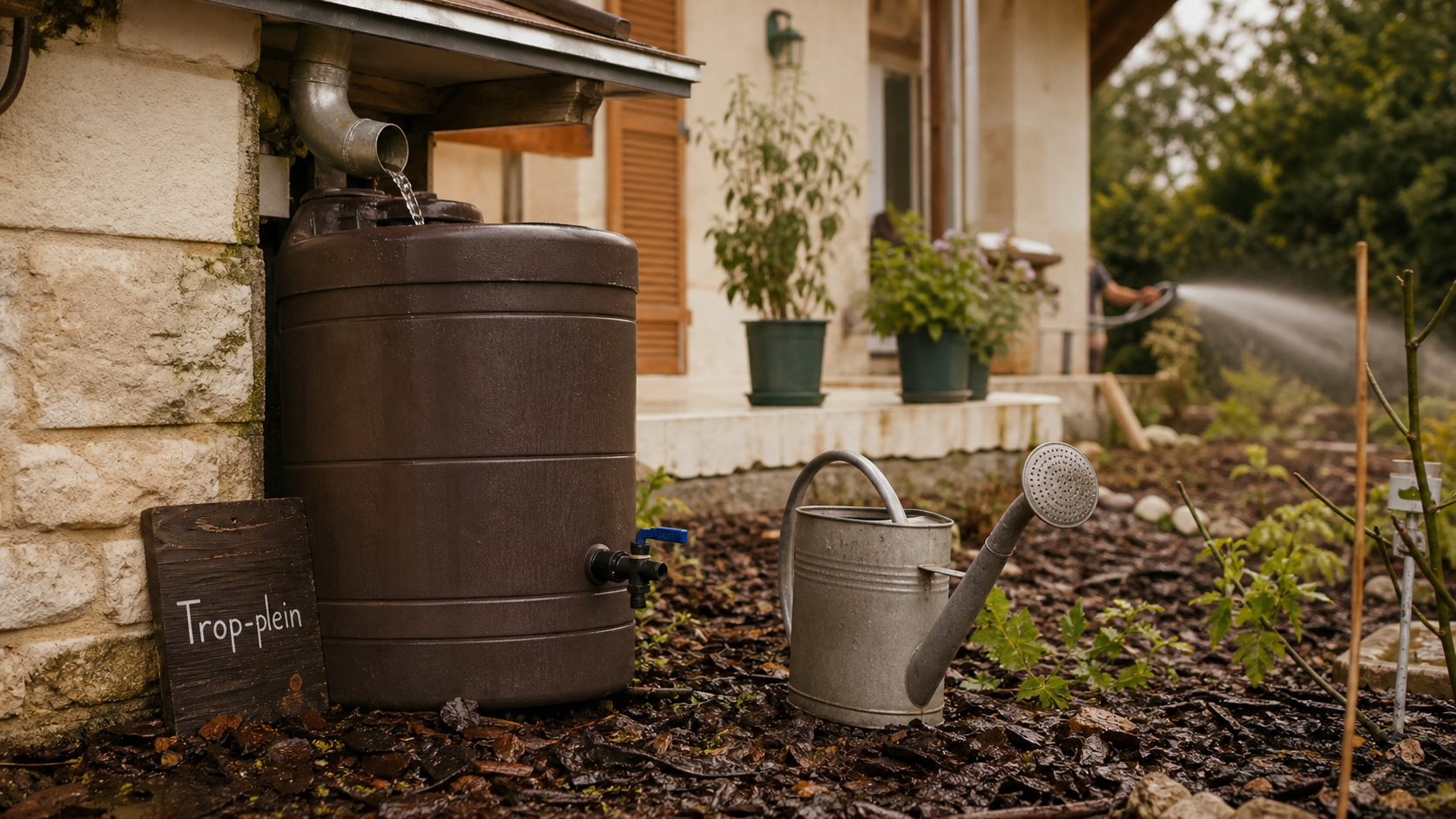 Récupérer l’eau de pluie au jardin : récupérateur gouttière avec tuyau qui goutte