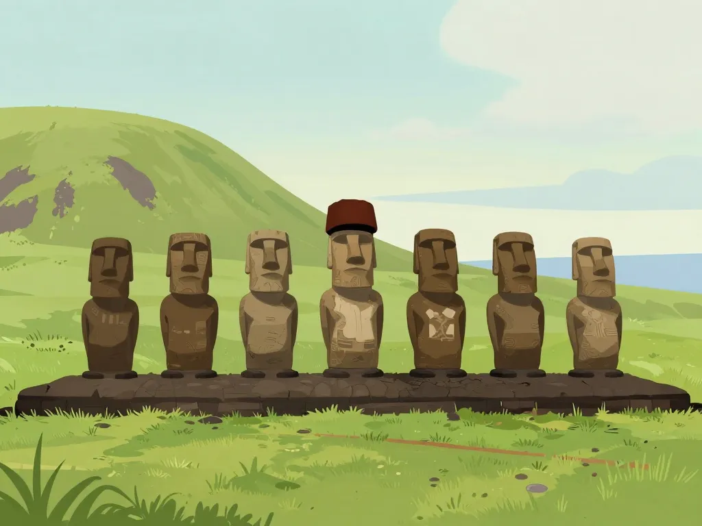 Ahu Akivi sept moai alignés paysage verdoyant