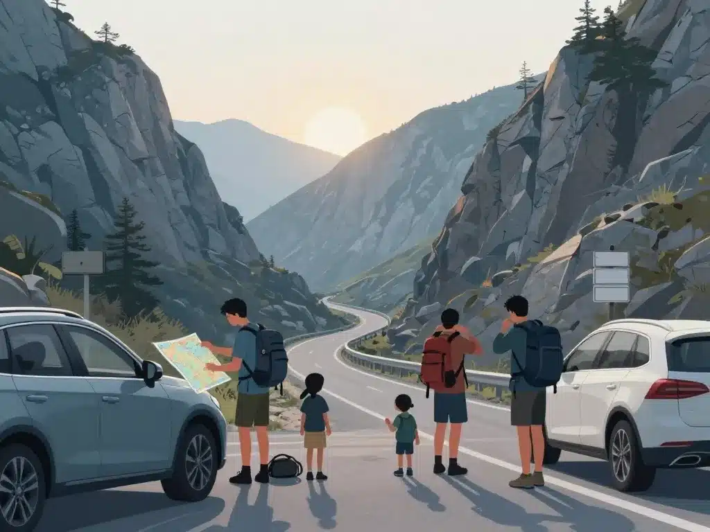 randonnée famille préparant visite gorges de la restonica - tragone di a restonica parking sentiers matin