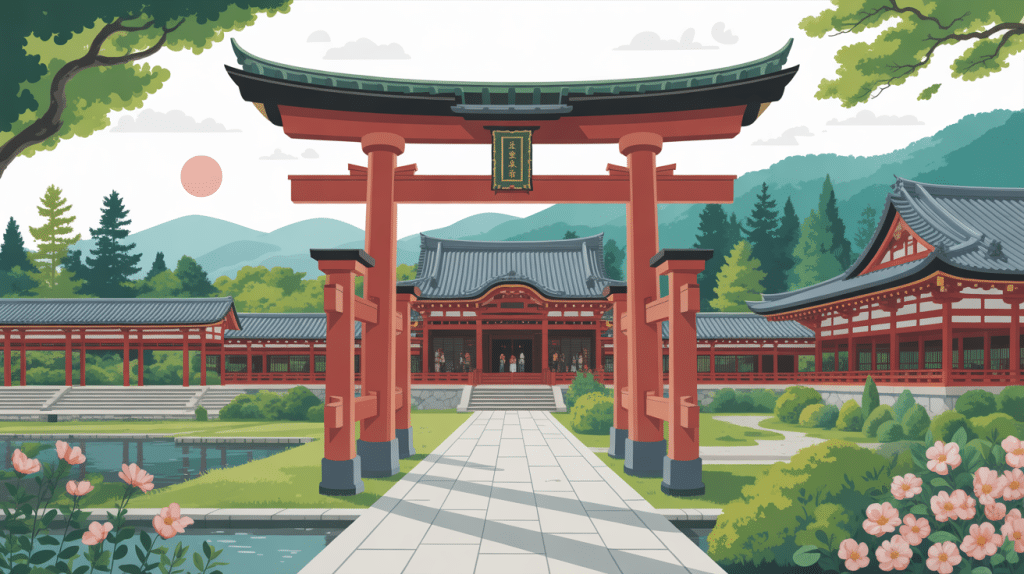 Illustration Heian jingu kyoto japan torii rouge jardin montagne