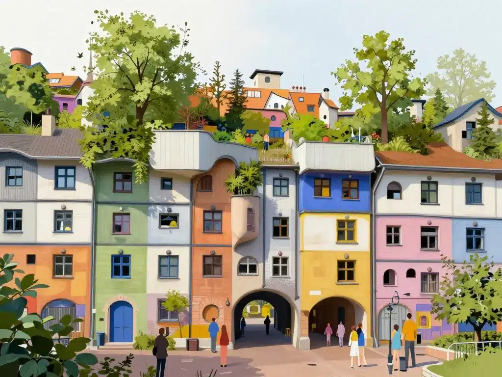hundertwasser maisons illustration architecture organique colorée