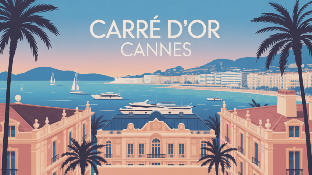 illustration stylisée du carré d'or cannes avec palaces et méditerranée