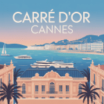 illustration stylisée du carré d'or cannes avec palaces et méditerranée