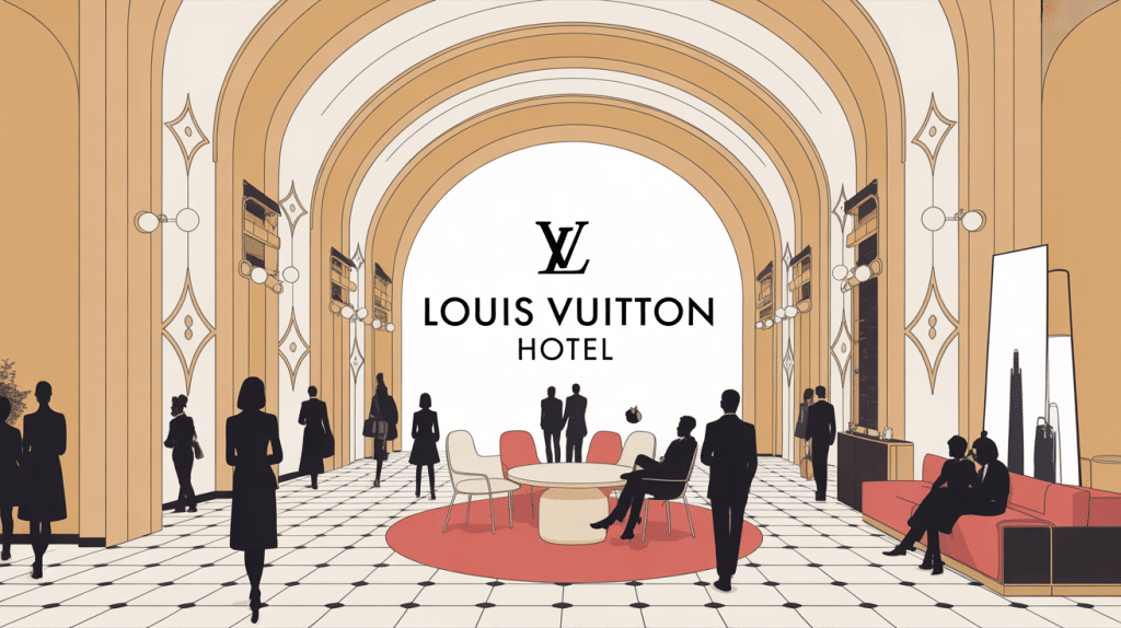 Hôtel de luxe imaginaire Louis Vuitton à Paris, hall chic, ambiance élégante