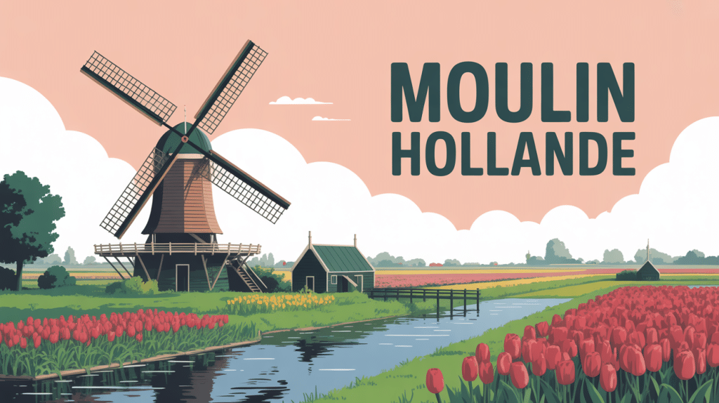 Illustration moulin hollande dans paysage Pays-Bas
