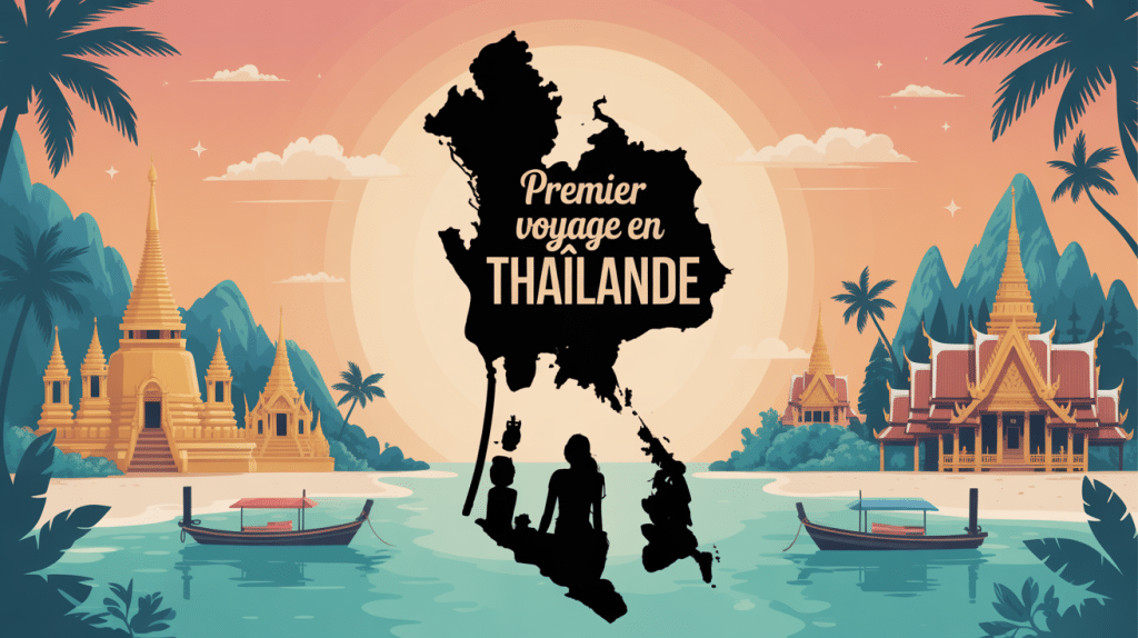 illustration stylisée où aller pour la première fois en thaïlande carte temples plages montagnes
