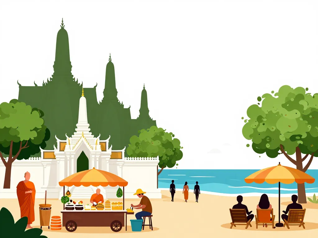 illustration éditoriale où aller pour la première fois en thaïlande temples marchés plages
