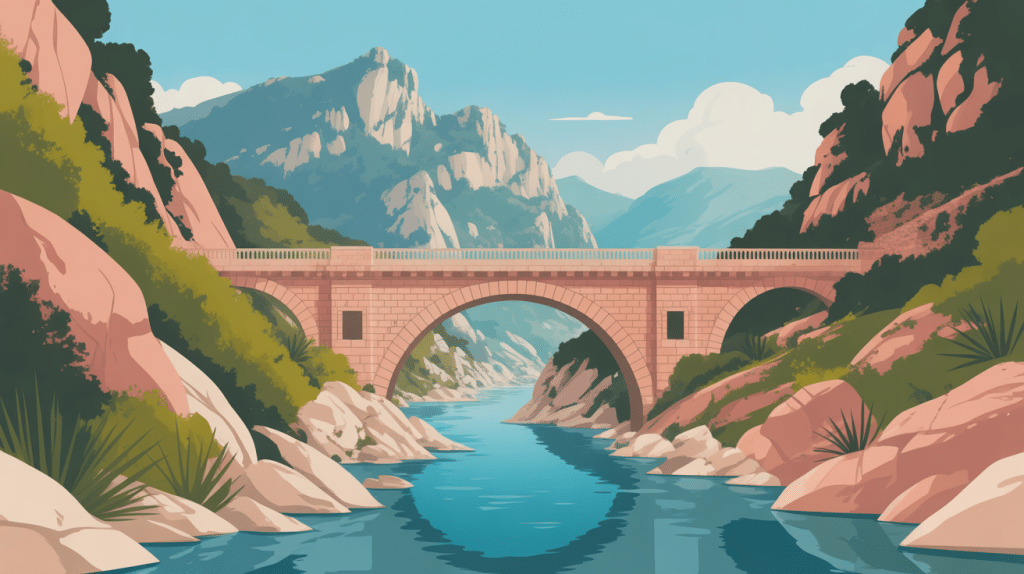 Vue du pont de Zaglia au-dessus de la rivière turquoise en Corse-du-Sud