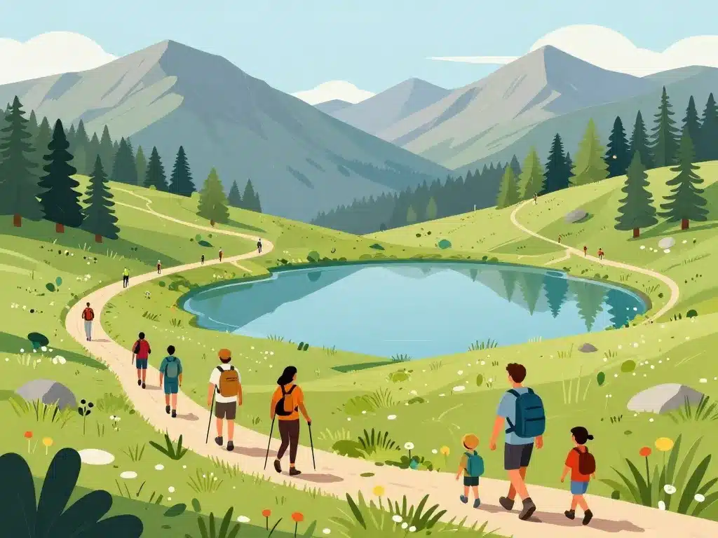randonneurs autour du lac de l'orceyrette sentier montagne