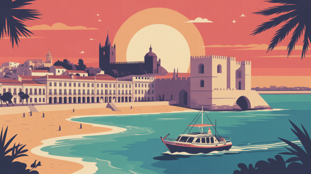 visiter faro en 1 jour illustration stylisée centre historique remparts cathédrale ria formosa