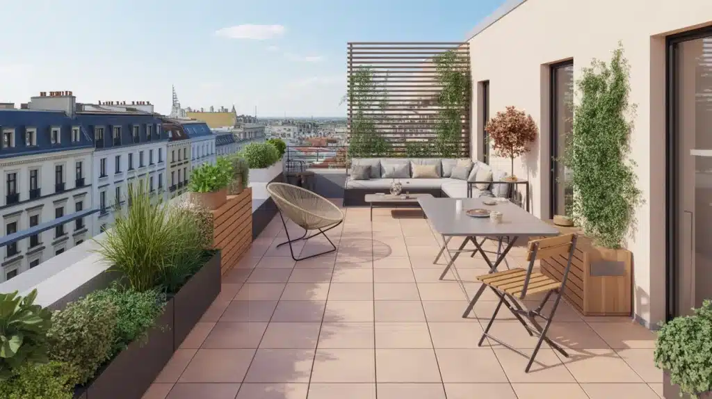 Aménagement d’une terrasse de 12 m² avec trois zones de vie