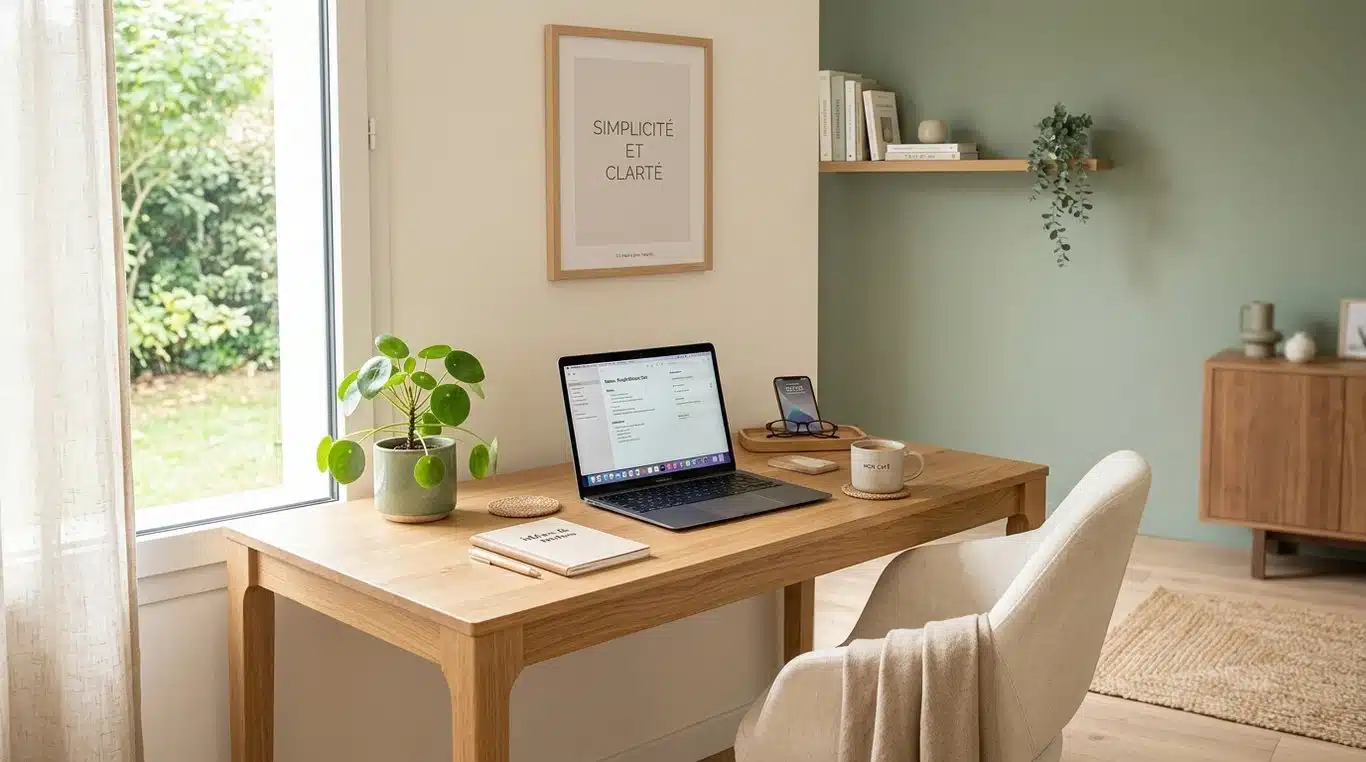 Bureau zen minimaliste avec des tons naturels et une plante verte
