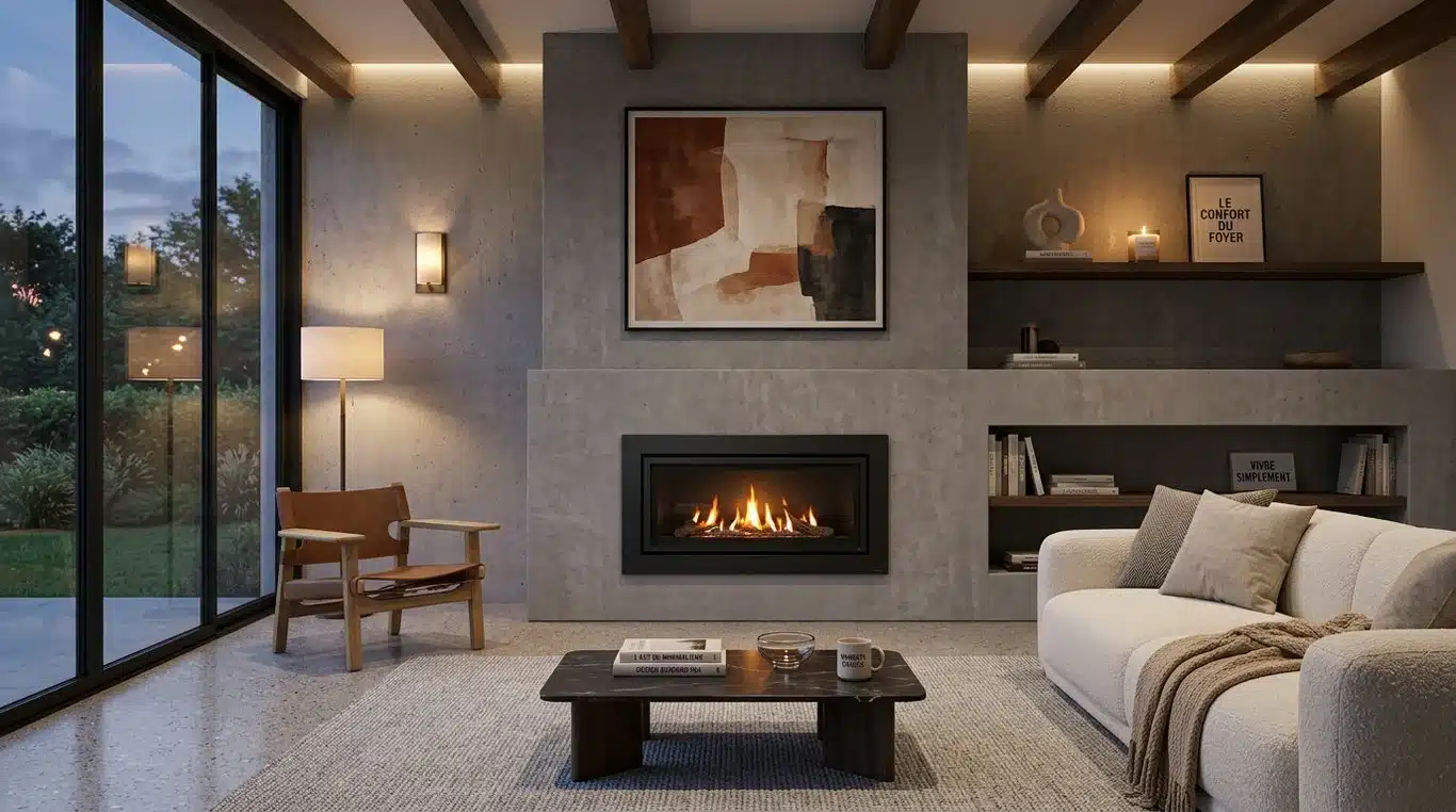 Exemple d'habillage de cheminée moderne avec insert minimaliste en béton