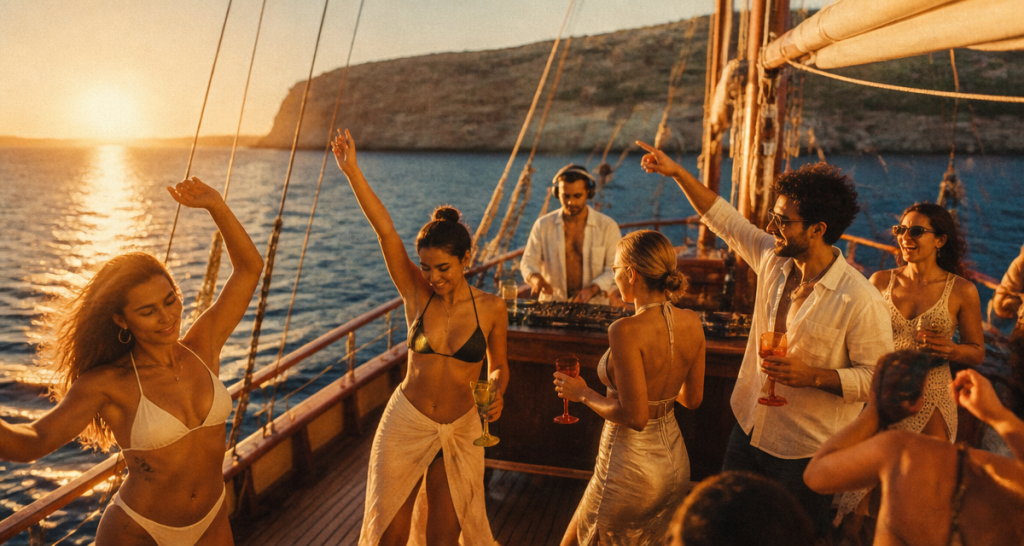 boat party malte jeunes dansent sur goélette au coucher de soleil