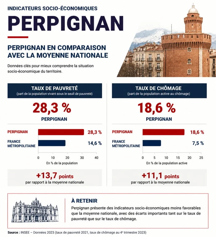 Infographie des indicateurs socio-économiques de Perpignan et quartiers à éviter