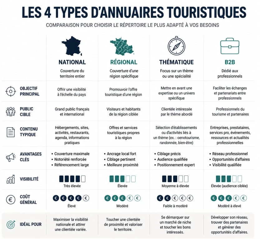 Infographie comparative des types d'annuaires tourisme pour professionnels et voyageurs