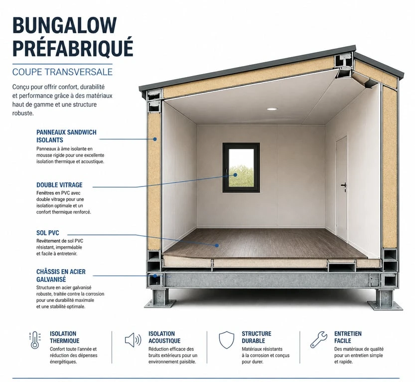 Schéma technique de la structure d'un bungalow préfabriqué montrant l'isolation et le châssis