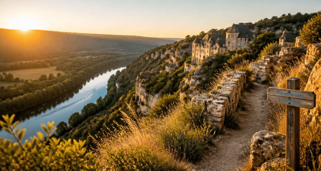 Les plus belles randonnées en Dordogne, sentier au lever du soleil avec châteaux