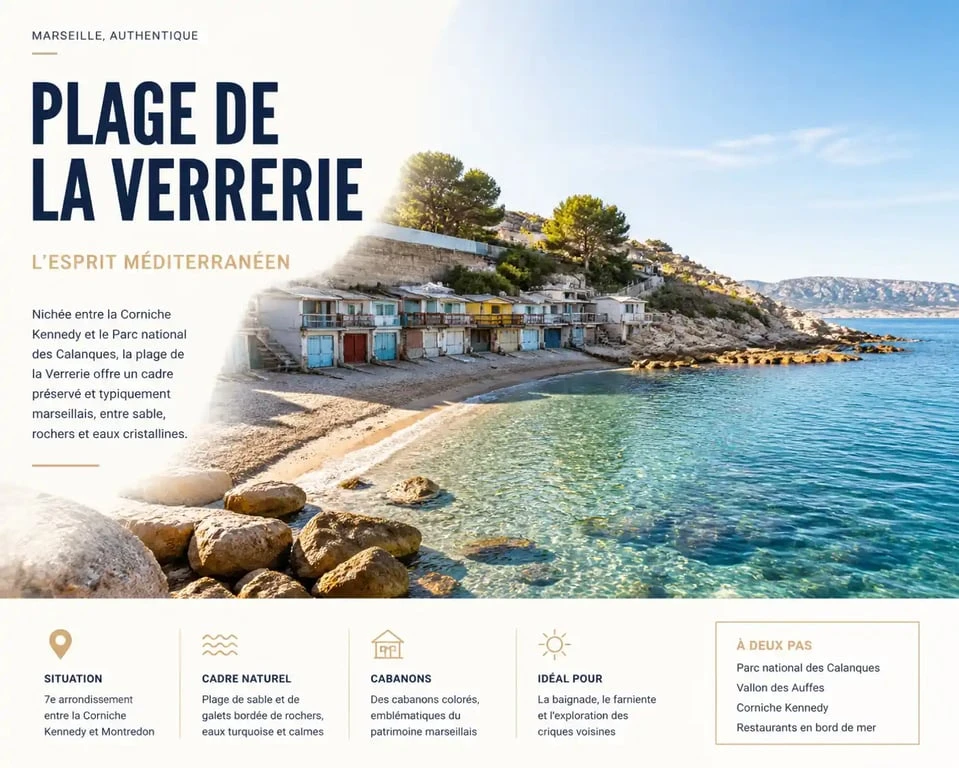 Vue panoramique de la plage de la Verrerie à Marseille avec ses cabanons typiques et ses eaux claires