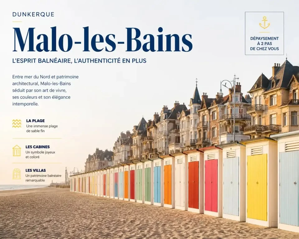 Plage du Nord à Malo-les-Bains avec ses cabines colorées et villas historiques