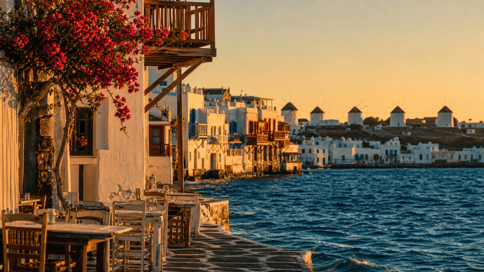 Que faire à Mykonos : coucher de soleil sur les ruelles et la mer Égée, moulins de Kato Mili