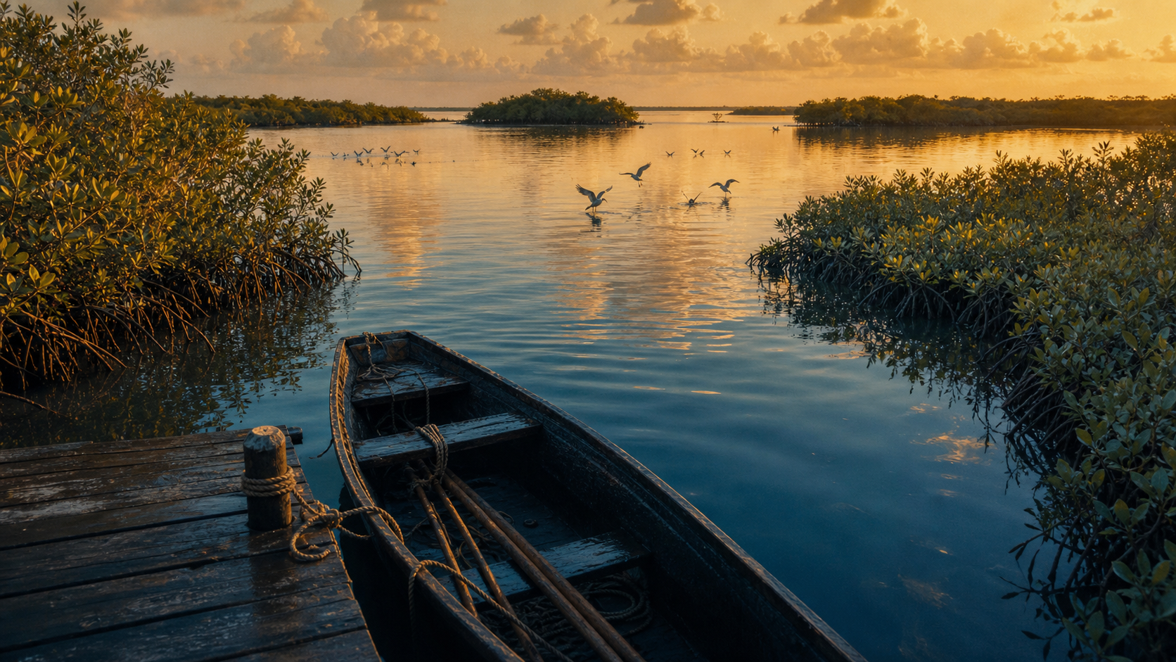 Senegal paysage au Delta du Saloum, pirogue et palétuviers au golden hour