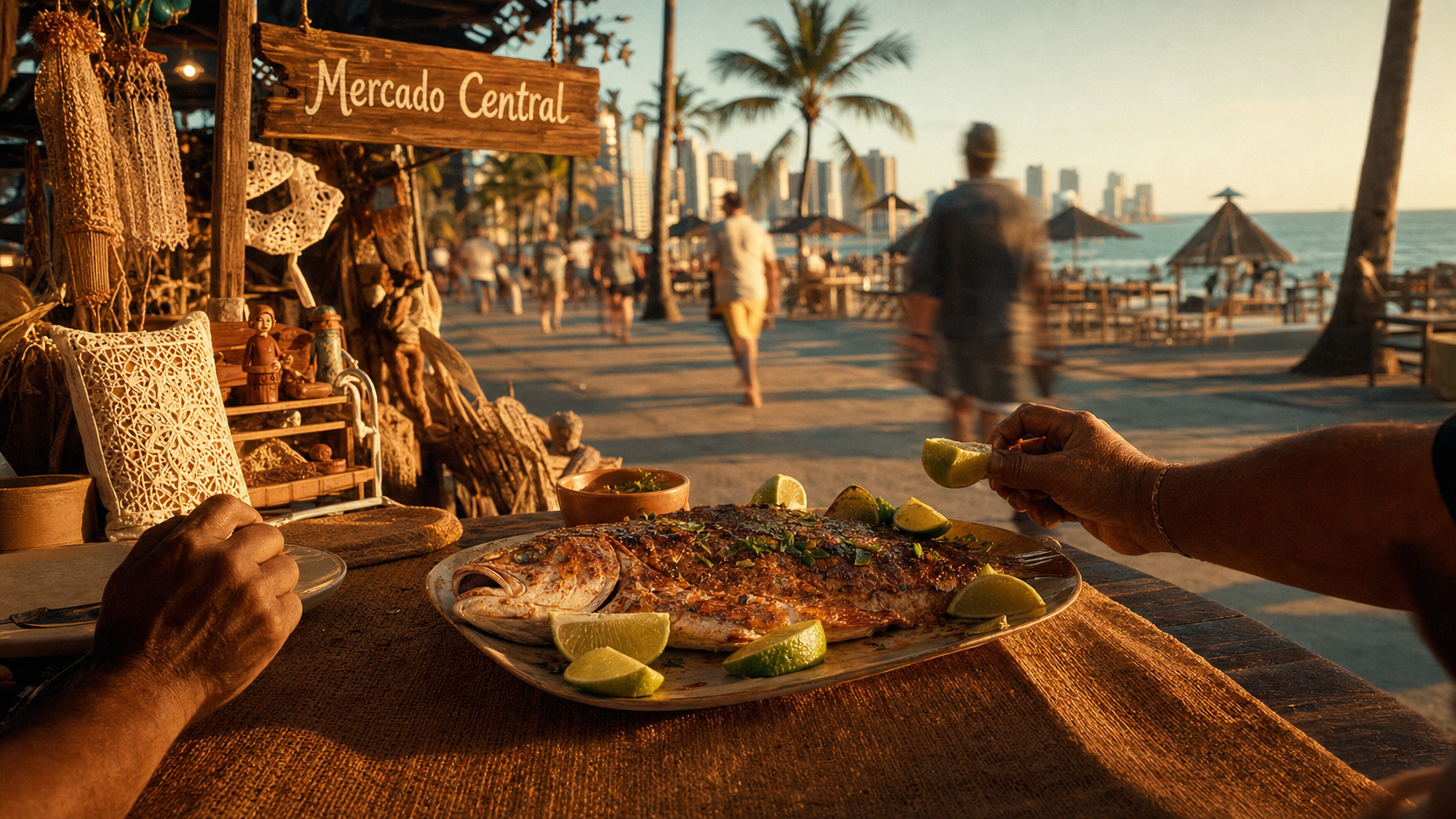Fortaleza Brésil : poisson grillé au marché côtier, vue mer