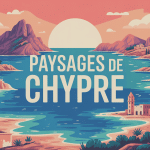 Paysage Chypre panorama stylisé criques turquoise montagnes villages