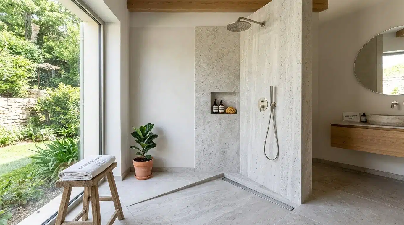 Douche sans paroi minimaliste dans une salle de bains moderne