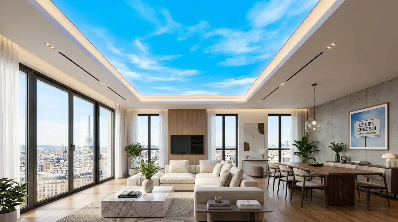 Exemple de faux plafond lumineux LED avec effet ciel ouvert