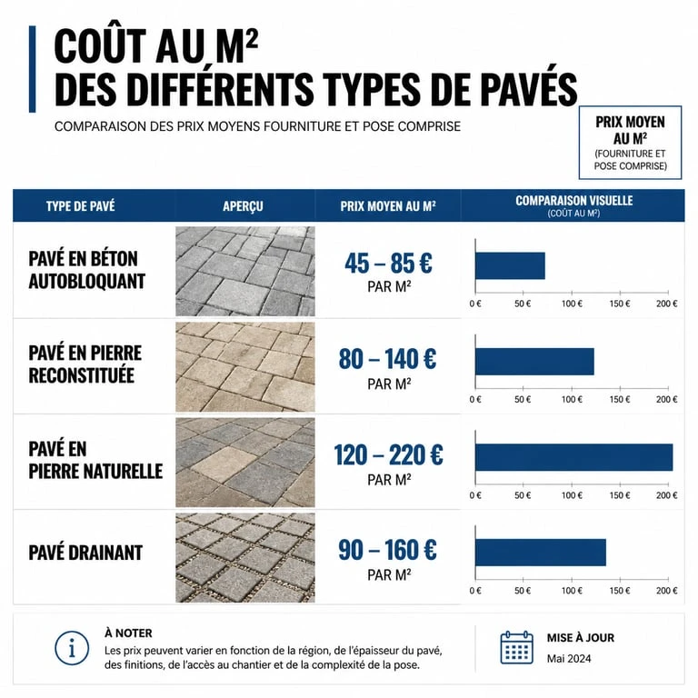 Comparatif des prix de pose de pavés au m2 selon les matériaux