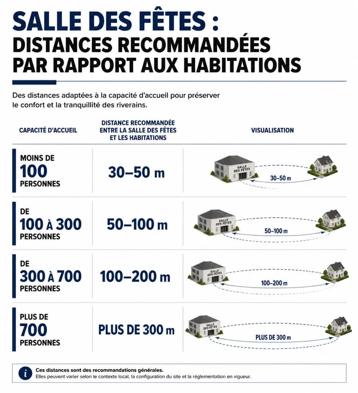 Infographie des distances recommandées entre une salle des fêtes et une habitation pour limiter les nuisances sonores