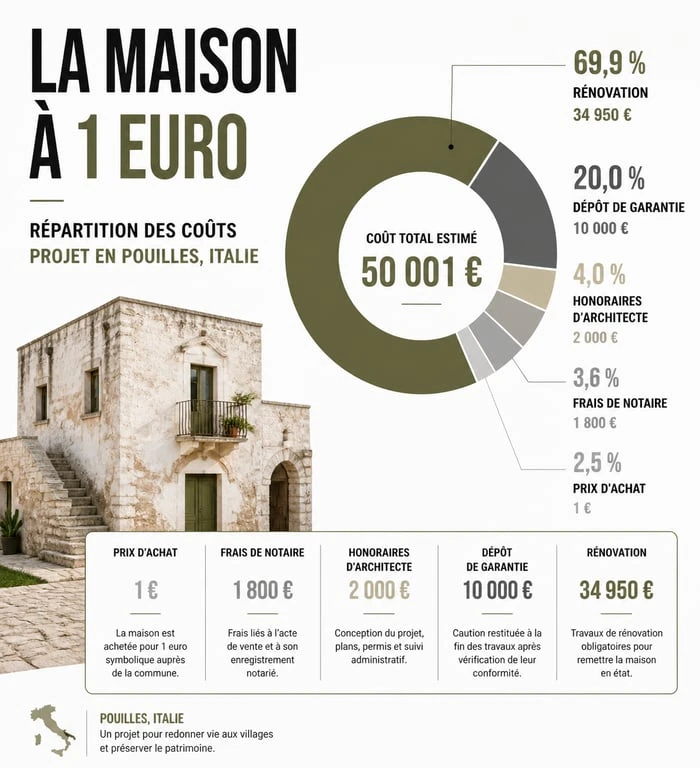 Répartition des coûts pour l'achat d'une maison à 1 euro dans les Pouilles