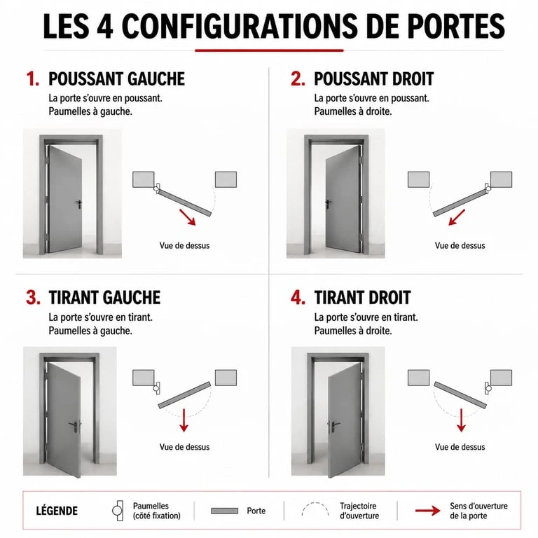 Schéma illustrant les quatre sens d'ouverture d'un ouvrant de porte : poussant et tirant gauche ou droit.