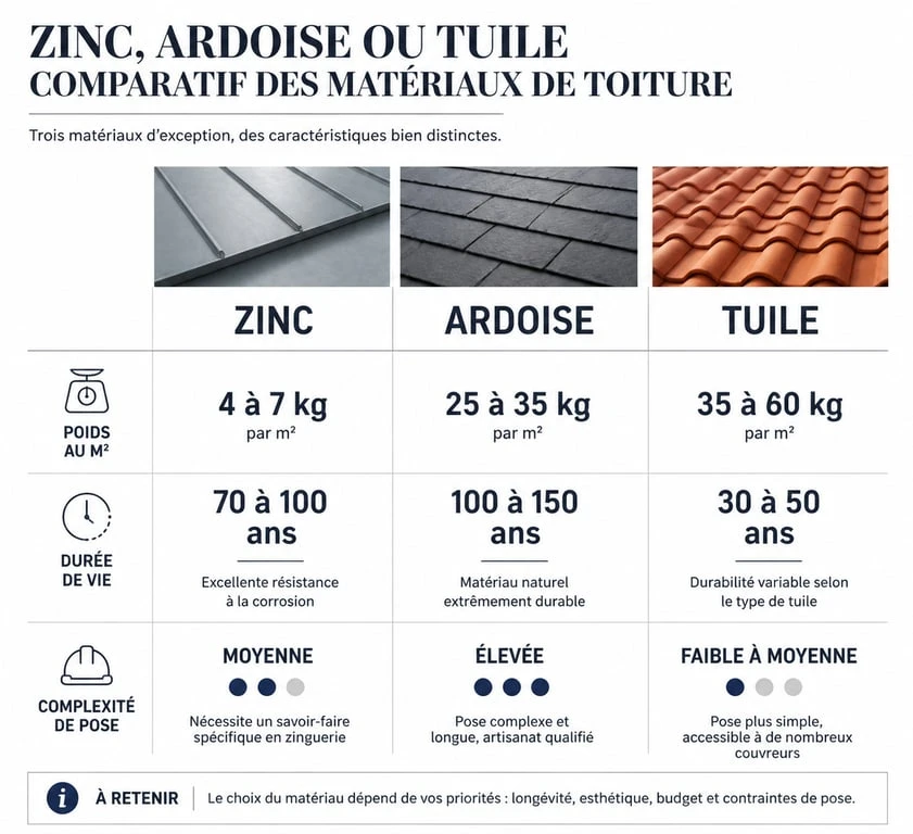 Comparatif technique des matériaux de toiture à Paris : zinc, ardoise et tuile