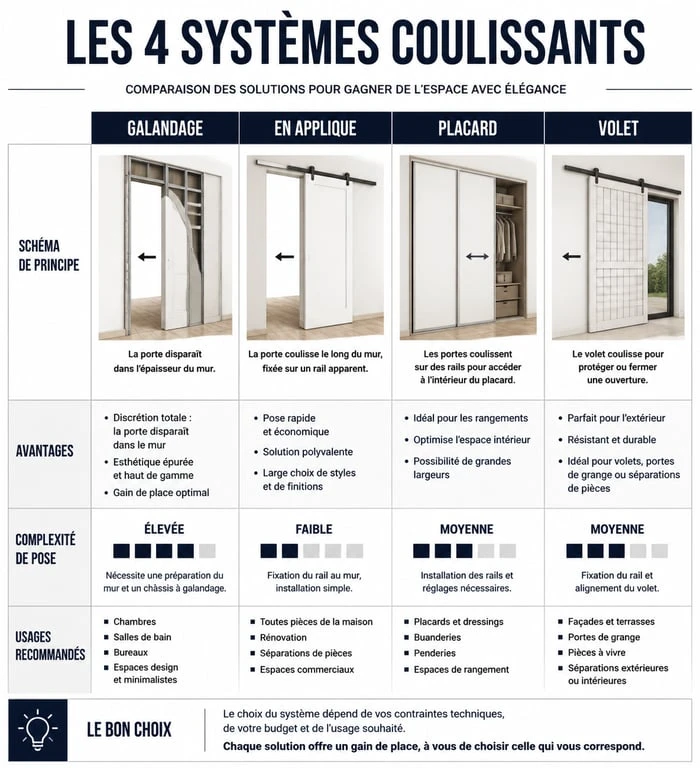 Tableau comparatif des systèmes coulissant habitat : galandage, applique, placard et volet pour optimiser l'espace.