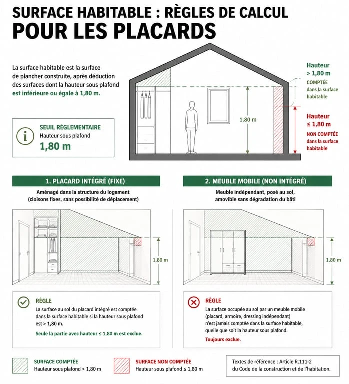 Infographie des règles de calcul de la surface habitable et des placards intégrés