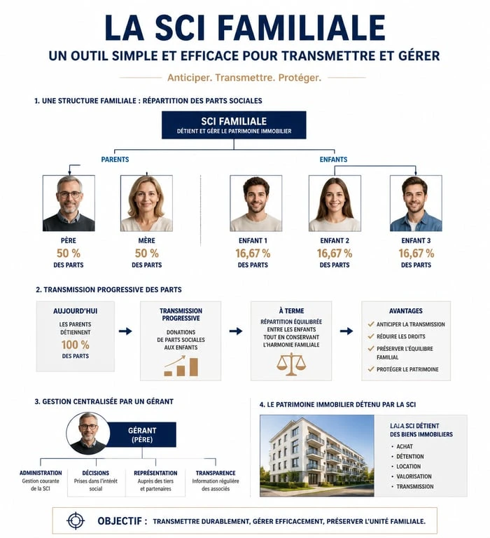 Schéma explicatif du fonctionnement et des avantages d'une SCI familiale pour la transmission de patrimoine