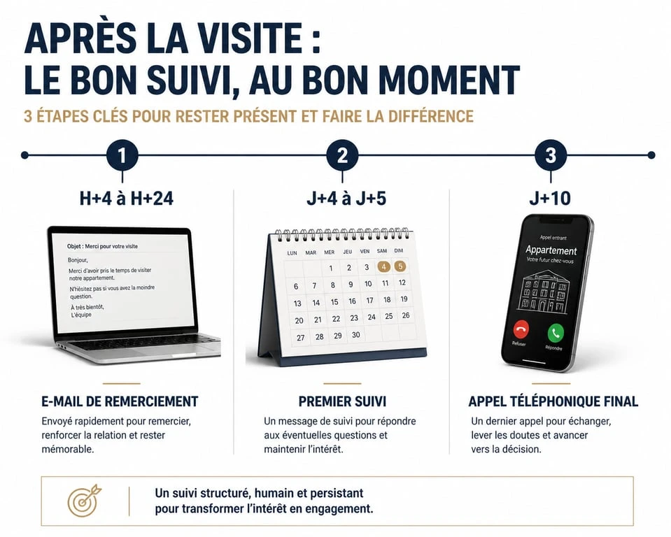 Infographie du calendrier de relance après une visite d'appartement : exemple mail après visite appartement