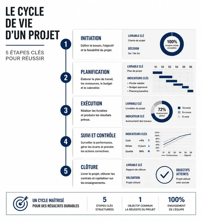 Schéma des 5 étapes du cycle de vie d'un projet : initiation, planification, exécution, suivi et clôture.