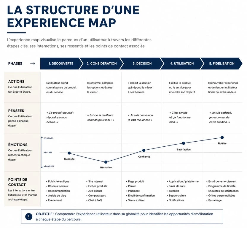 Infographie illustrant la structure d'une experience map pour le design UX