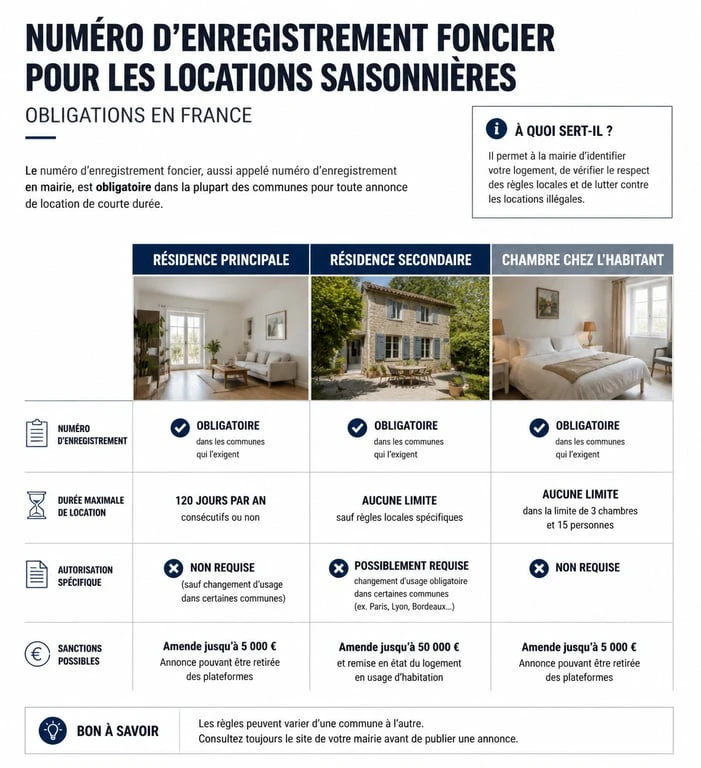Infographie récapitulative des obligations pour le numéro d'enregistrement foncier en location saisonnière