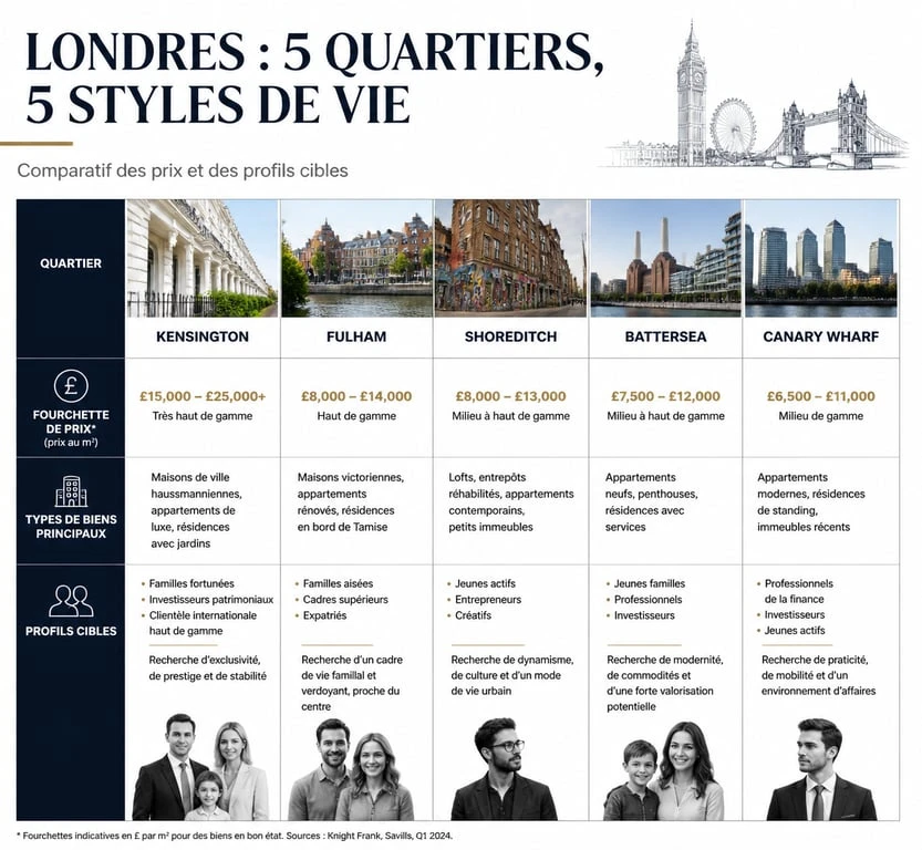 Comparatif des quartiers pour l'immobilier à Londres : prix et profils