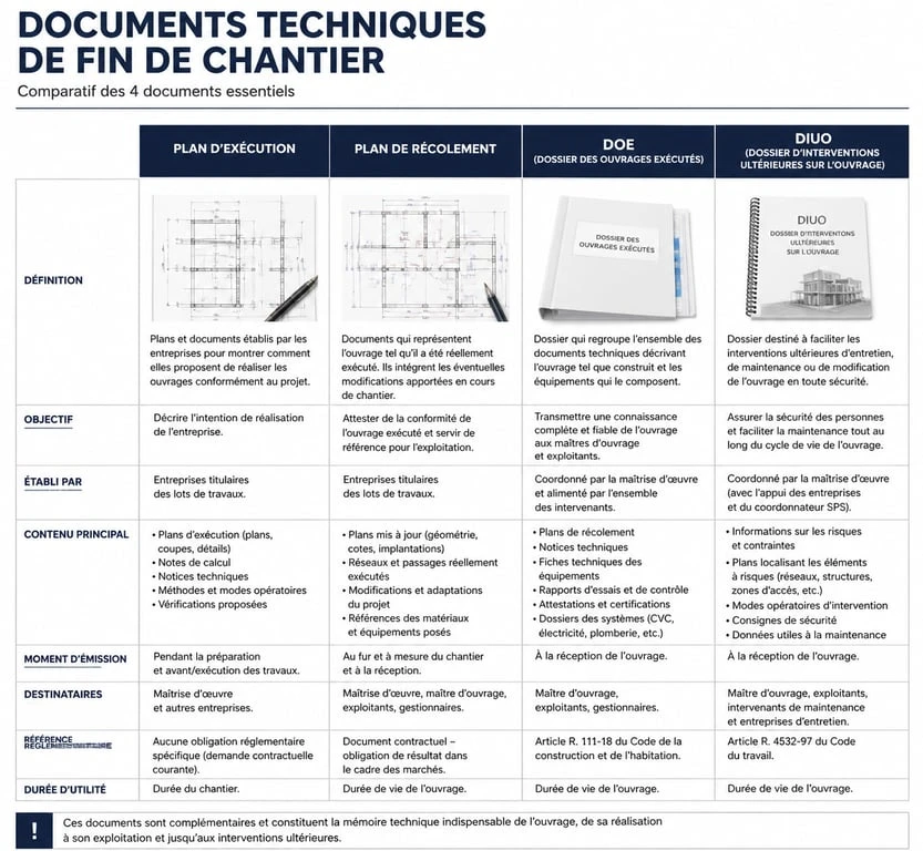 Comparatif des documents techniques de fin de chantier : Plan de récolement, DOE, PE et DIUO