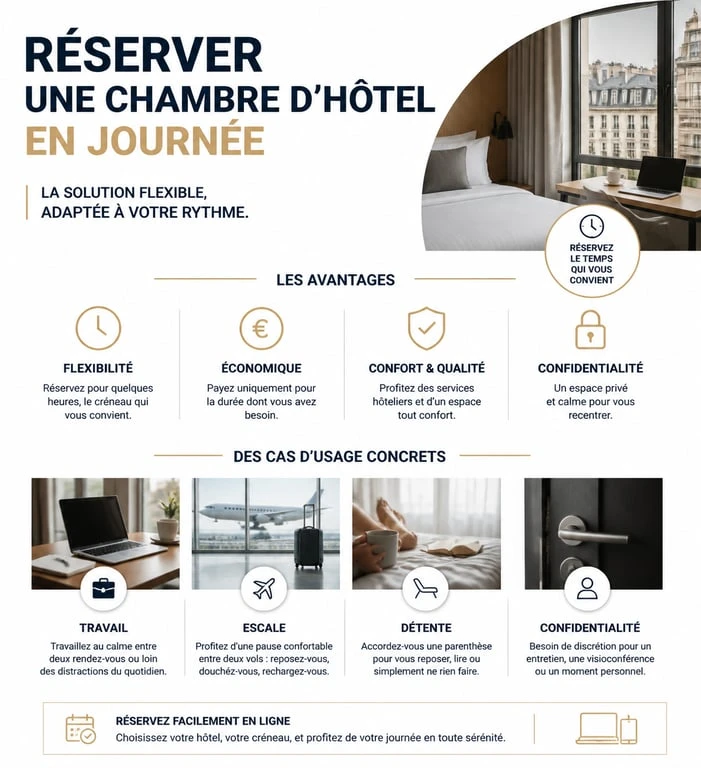 Infographie des avantages et usages de la réservation d'une chambre à l'heure en journée