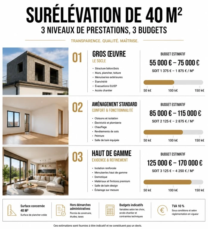 Infographie comparative des prix pour une surélévation de maison de 40m2 selon le niveau de prestation