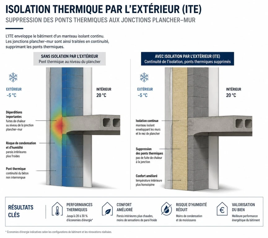 Schéma technique illustrant le principe du mur manteau lors d'un ravalement ITE pour supprimer les ponts thermiques