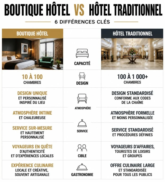 Infographie comparative : Boutique hôtel vs Hôtel traditionnel