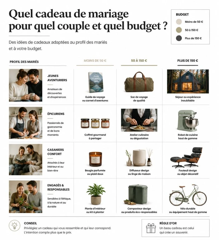 Infographie des meilleures idées cadeaux mariage par profil et budget